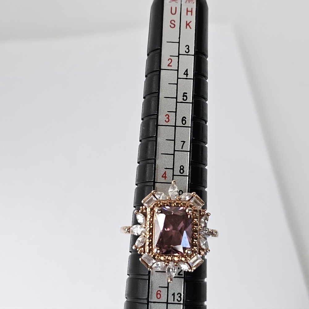 Art Deco Style Morganite & Diamond Simulants 18K Rose Gold Sterling Silver Sz 5 - Picture 7 of 8